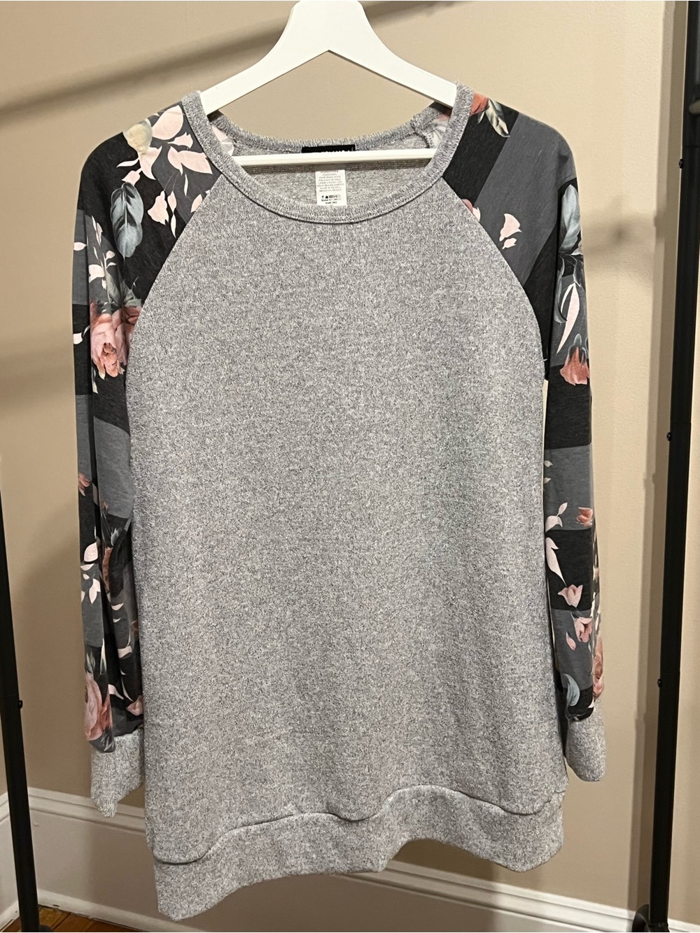 HEIMISH USA Grey Raglan Sweatshirt with Floral Accent Sleeves